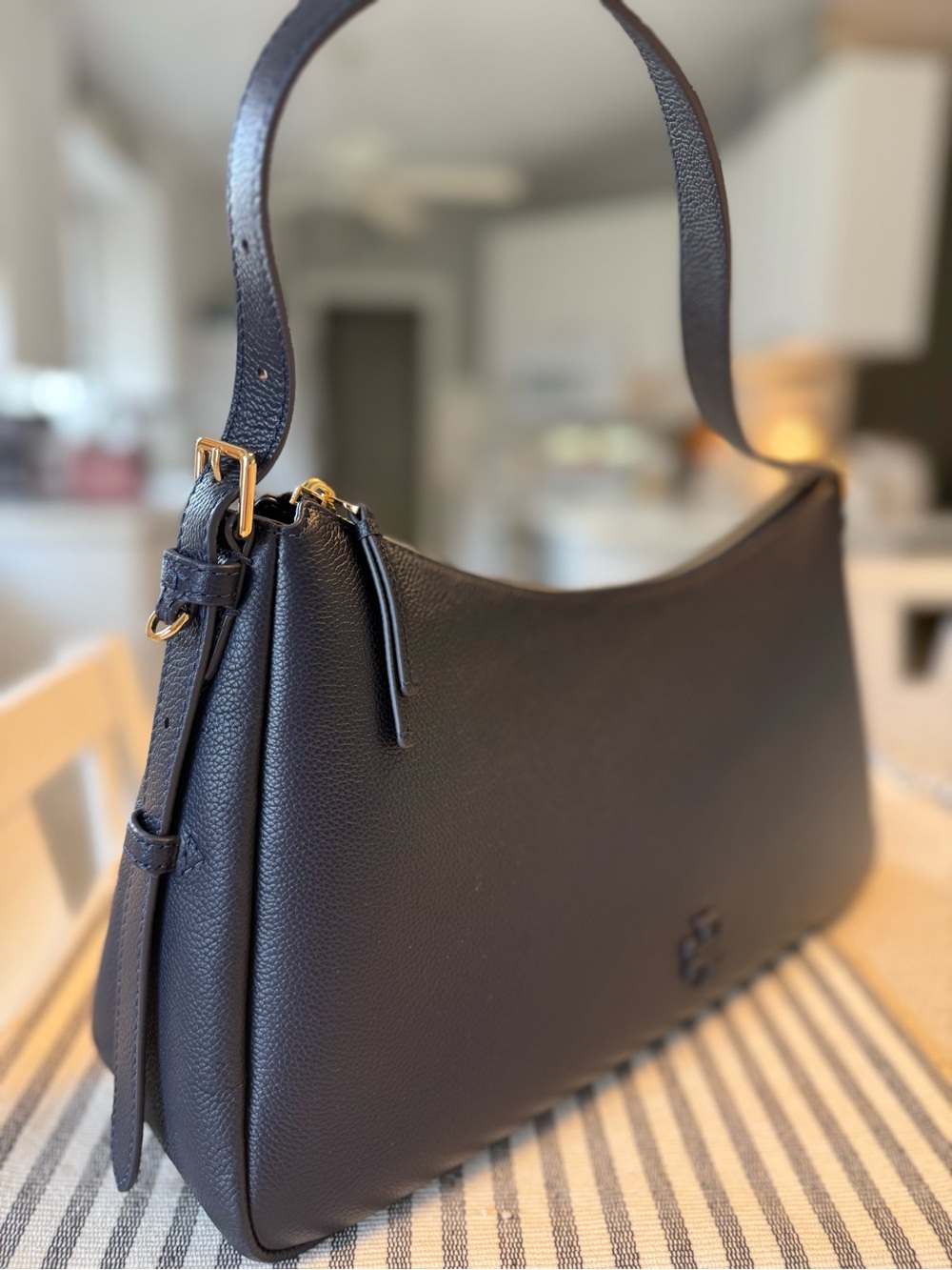 Tory Burch Thea Zip Top Navy Blue Leather Shoulder Bag with Gold Hardware